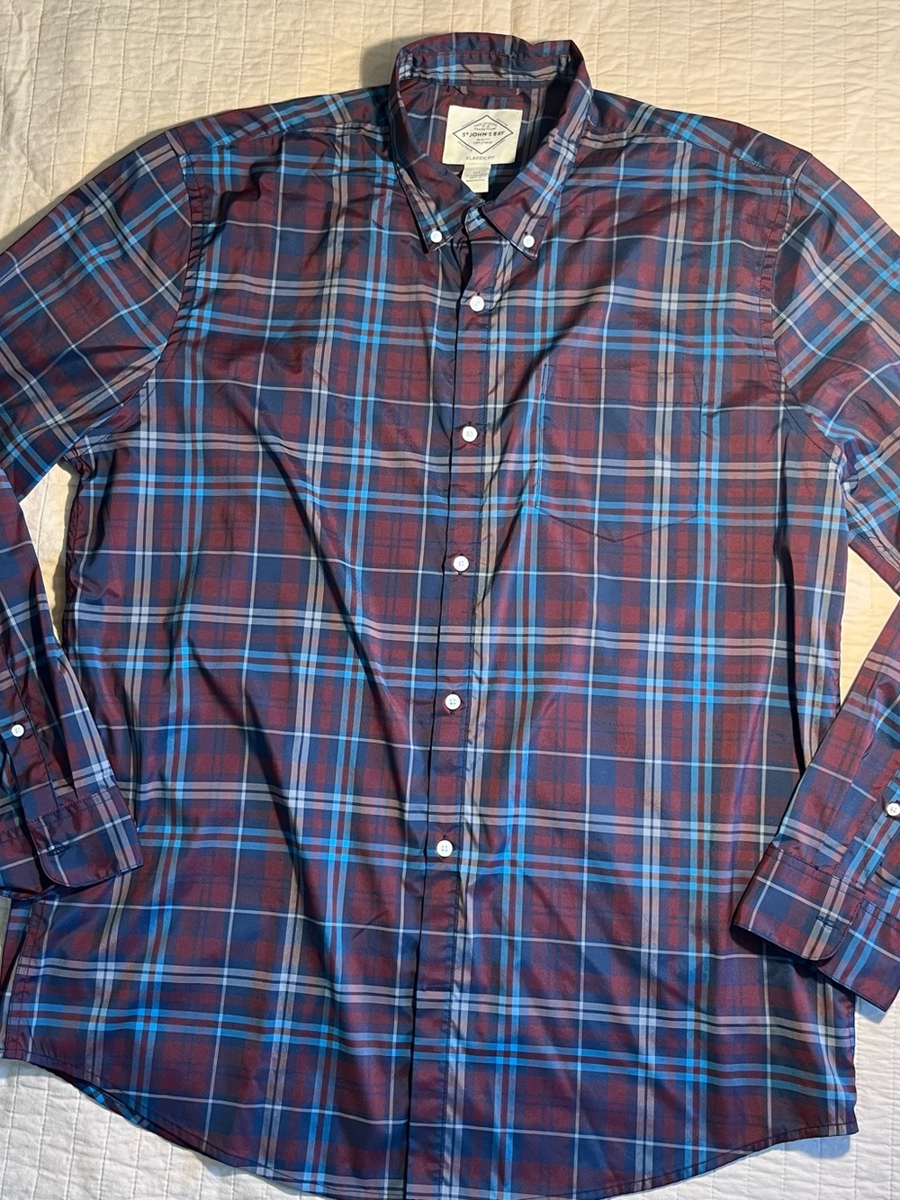 St. John's Bay Men's Burgundy & Blue Plaid Button-Down Shirt